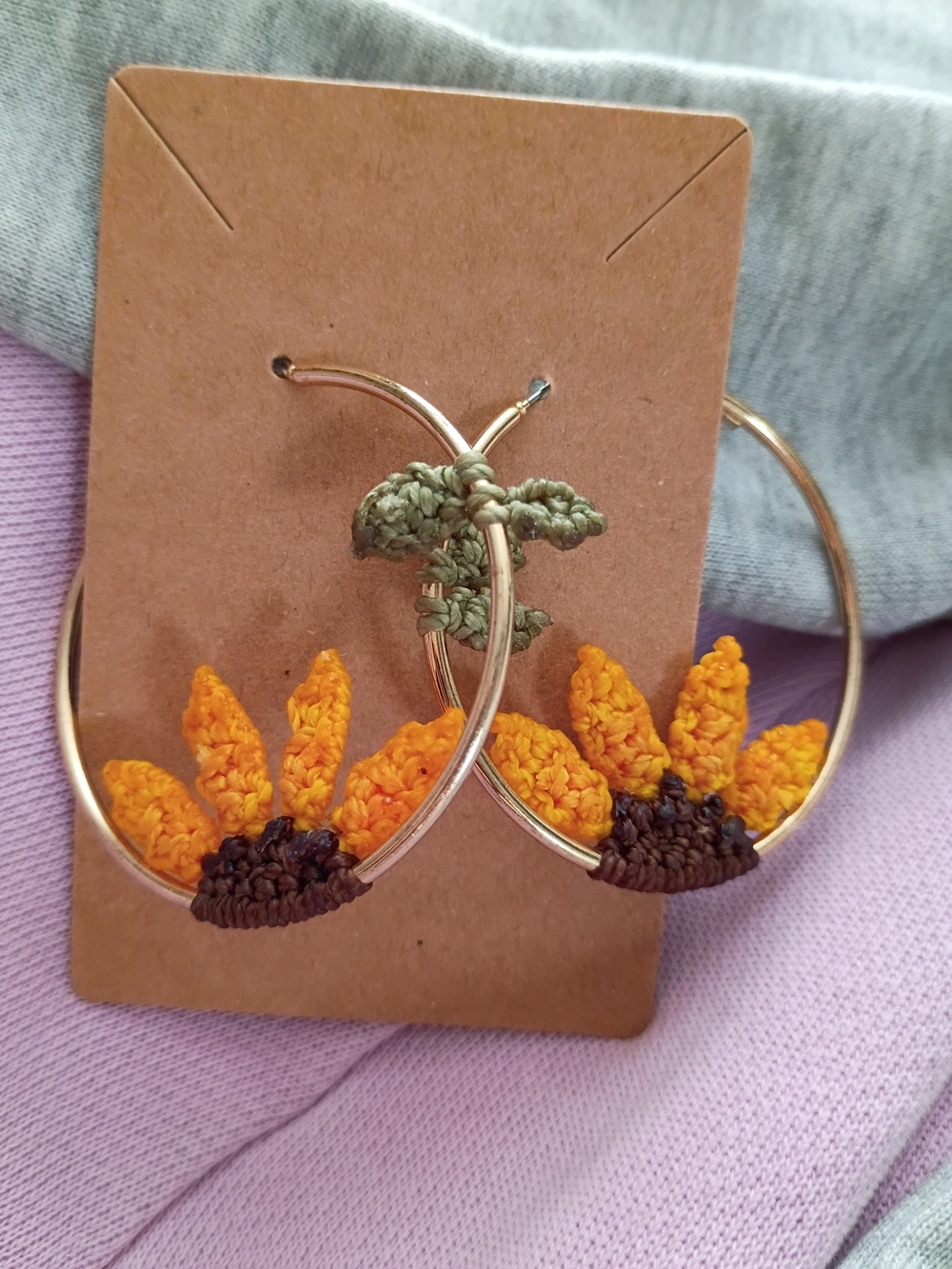 Handmade Macrame Sunflower Hoop Earrings Boho Gold Tone.